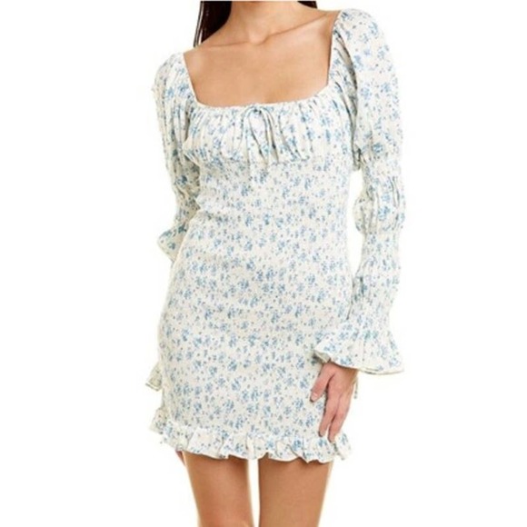 sau lee Dresses & Skirts - SAU LEE Betty Linen Blend Smocked Floral Mini Dress Blue/White Women's Size 8